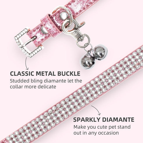 PUPTECK Basic Adjustable Cat Collar with Bling Diamond and Double Bells, for Kitten and Small Puppy, Pink, 10-13 in