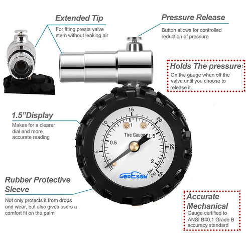 GODESON Presta Valve Gauge,Presta Valve Tire Pressure Gauge with Bicycle Air Pressure Relief Range to 0-30PSI /0-2BAR, Perfect for Mountain Bicycle Fat Tires