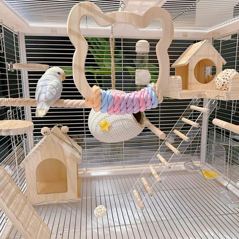 Gradient Large Wooden Bird Swing with Colorful Cotton Rope for Bird Cages Natural Hanging Toy for Medium-Large Birds