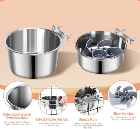 Pet Dog Water Bowl for Cage, Stainless Steel Non-Spill Hanging Bowl with Clamp Holder for Small Medium Large Dogs