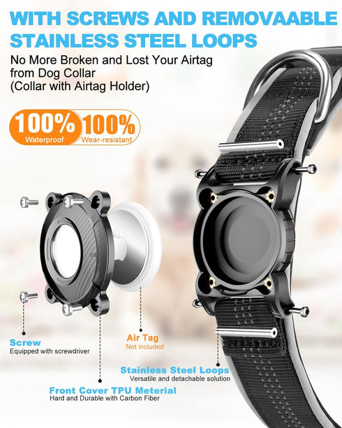 ONEONTA Airtag Dog Collar, Waterproof Airtag Holder with Removable Metal Loop, Heavy Duty Reflective Collar for Small