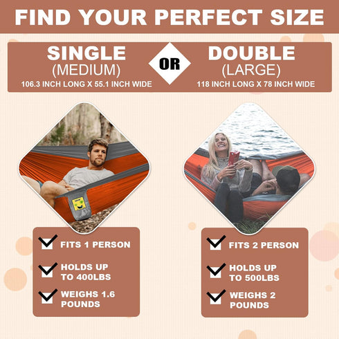 SZHLUX Double & Single Camping Hammock with 2 Tree Straps, Portable for Hiking, Backpacking, Outdoor, Beach, Orange/Grey
