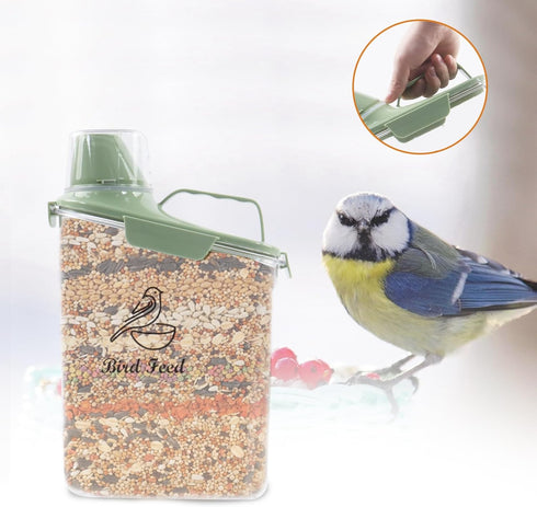Bird Seed Storage Container, Portable 3 Qt Clear Pet Food Container with Measuring Cup, Airtight Dispenser, Green