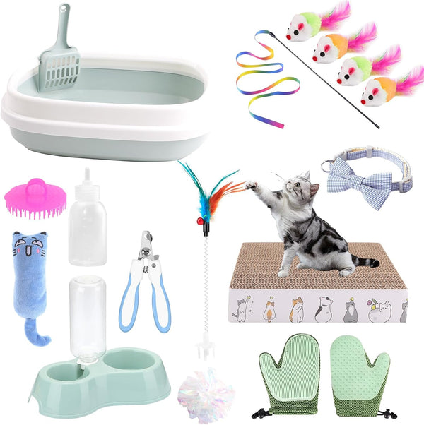GRETJOB Kitten Starter Kit - 16 Pcs Cat Essentials Set Includes Litter Box,
