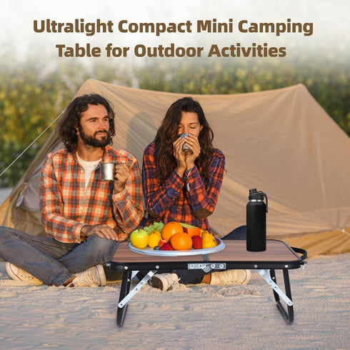 CNDRIA Small Camping Table, Compact Walnut Wood Folding Side Low Table for Camp, Portable Lightweight Foldable Design