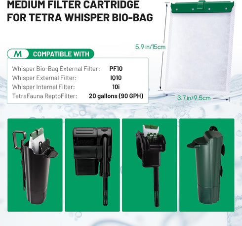 8 Pack Medium Filter Cartridges Compatible with Tetra Whisper Bio-Bag Filters, Replacement Filter Cartridge for TetraFauna ReptoFilter 20 gallons (90 GPH)and Tetra Whisper Filters 10i/IQ10/PF10