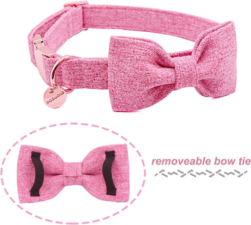 DOGWONG Hemp Cotton Dog Collar with Bow, Durable Adjustable Pink Collar for Small, Medium, Large Dogs