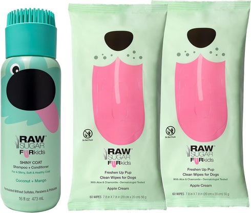 RAW SUGAR Dog Wipes, 3 Pack, 60 Ct - Waterless Pet Grooming Wipes with Chamomile & Aloe Vera for Paws, Coat, Face & Ears