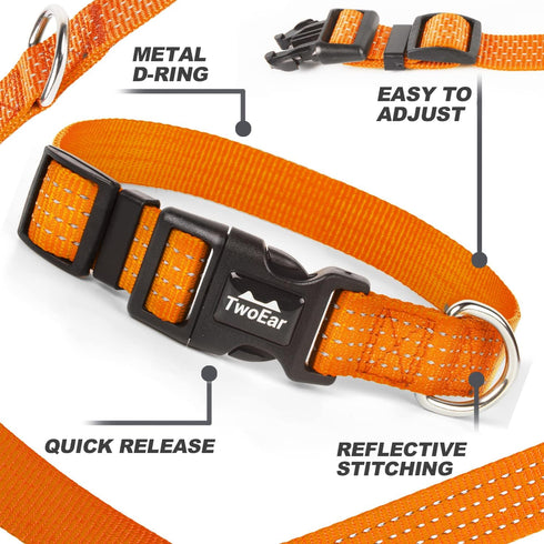 TwoEar Reflective Heavy Duty Dog Collar, Adjustable Nylon Pet Collar with Durable Buckle for Medium Breeds (M, Orange)