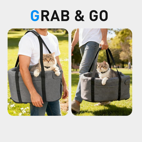 BJOP 15 lbs Small Dog & Cat Car Seat, Detachable Seat, Console Fit, Adjustable Straps, Storage Pocket & Clip-On Leash