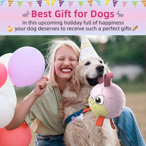 Rabbit Dog Toys Soccer Ball with Straps, Easter Day Dog Toys for Medium Small Dogs, Interactive Dog Balls for Tug of War, Herding Dog Ball Toys Outdoor Indoor (6 Inch)