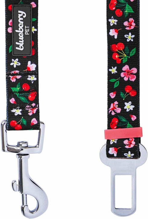 Blueberry Pet Adjustable Dog Seat Belt Tether, 8 Patterns Cherry Garden Black, Durable Safety for Dogs and Cats