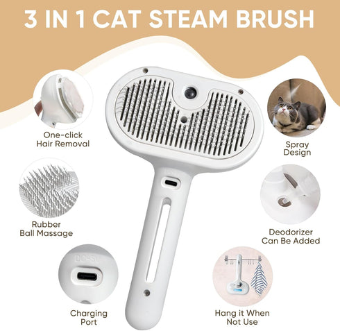3-in-1 Cat Steam Brush Pet Grooming & Shedding Comb with Gentle Steam Spray, One-Click Hair Release, Steam Pet Brush