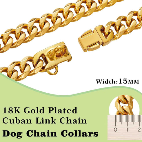 Stainless Steel Gold Dog Collars with Safety Buckle Lock, 18K Cuban Link Chain for Small Medium Large Dogs