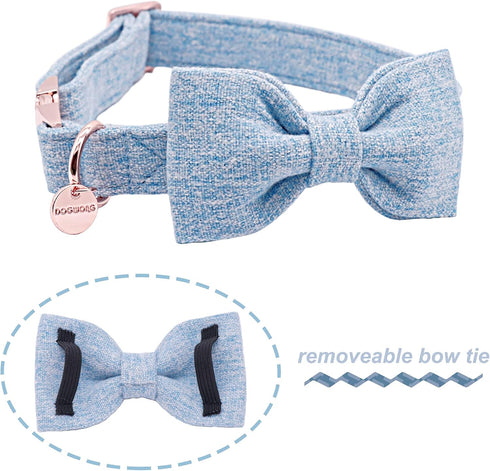 DOGWONG Hemp Cotton Dog Collar - Blue Adjustable Pet Collar with Bow for Medium Dogs