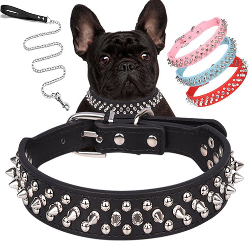 Spiked Dog Collar, Soft Pu Leather Mushrooms Rivet Spike Studded for Small Breeds (L, Black Set)