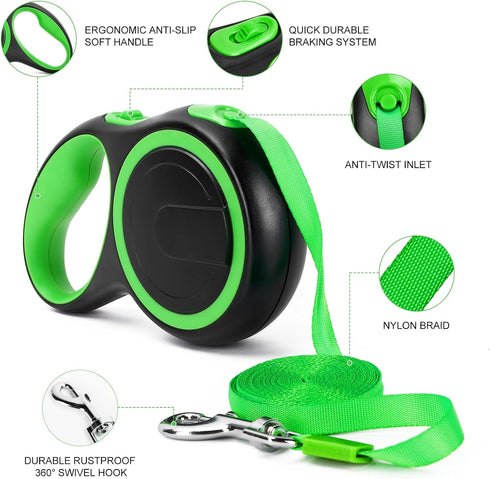 UrbanX Retractable Dog Leash for Large and Strong Breed Dogs with Anti-Slip Handle 24ft Strong Nylon Tape One-Handed Brake Pause Lock - Green