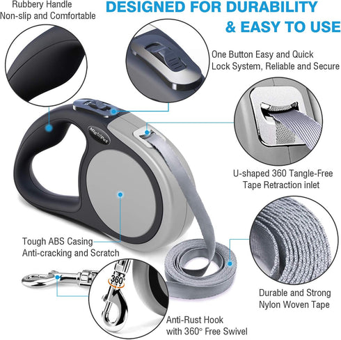 Heavy Duty Retractable Dog Leash - 16ft Strong & Durable Walking Leash for Dogs up to 45/115 lbs, Upgraded Lock System