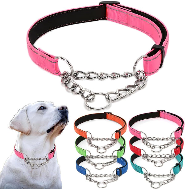 Pink Martingale Dog Collar, Reflective Nylon Adjustable Stainless Steel Chain Collar, No Pull Training Collar for Small