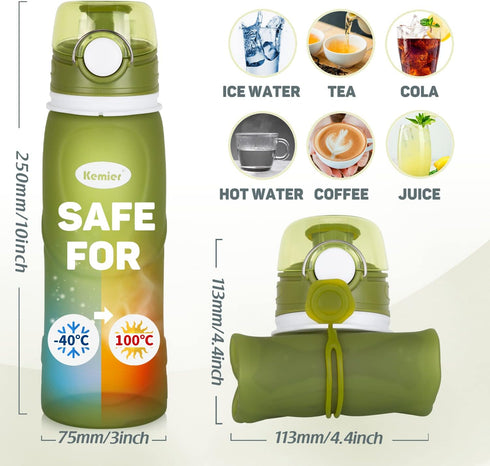 Kemier Collapsible Silicone Water Bottles, 750ML, BPA Free Travel Bottle, Leak Proof