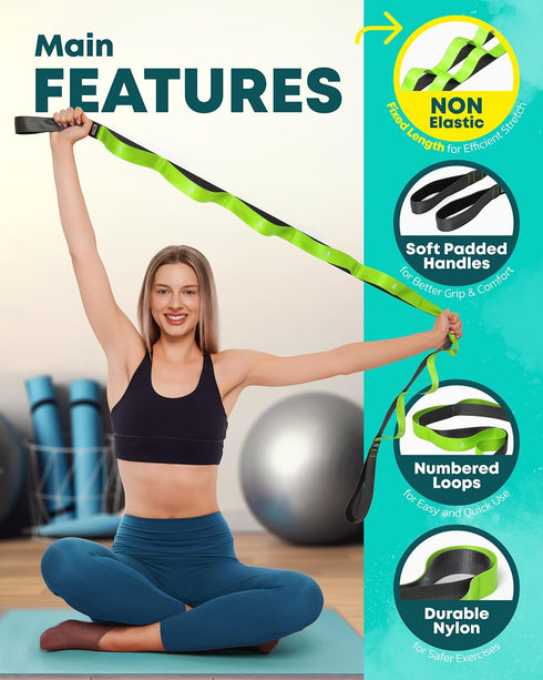 Stretching Strap with Loops - Non Elastic Stretch Band for Yoga, Physical Therapy, Flexibility Exercise Equipment