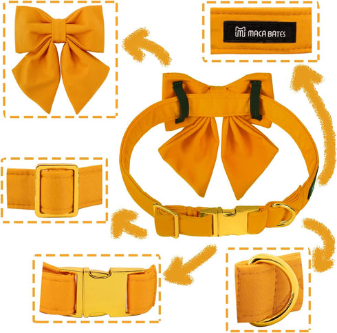 Maca Bates Dog Collar with Bowtie for Dogs, Adjustable Breakaway Yellow Collars for Small Medium Large XL