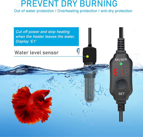 YukiHalu Small Submersible Aquarium Heater, Adjustable Mini 25W 50W 100W 200W 300W with LED Display for 5-60 Gallons