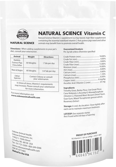 8.4 oz Oxbow Natural Science Vitamin C Supplement, Vitamin C for Guinea Pig, Made with Oxbow Timothy Hay, Pet