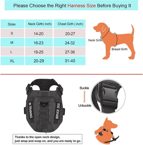 Petmolico Tactical Dog Harness, Black M, No Pull with Leash, Hook and Loop Panels for Medium Dogs, Military Service