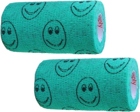 Vet Wrap Tape (Teal with Smiles) (2 Pack) (2 Inch x 15 feet) Self-Adhesive Cohesive Flex Bandage for Pets