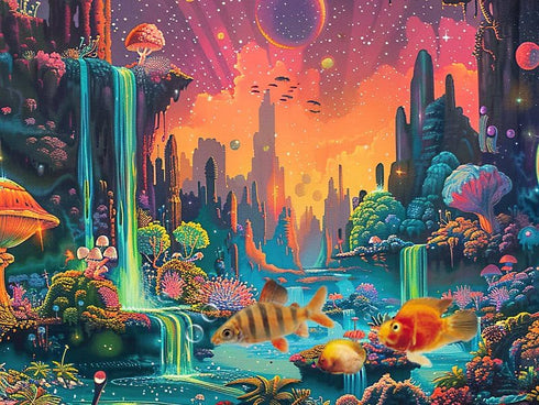 Colorful Galaxy Space Planet Aquarium Background: Waterfall Landscape Tapestry with Fantasy Mountain Wave Design
