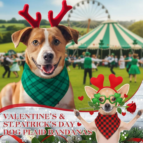 100 (25.6 17.7 17.7) Abbylike Pcs St. Patrick's Day Dog Bandanas Bulk Green Plaid Bandanas for Dogs Triangle Kerchief