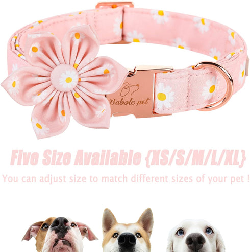 Adjustable Cotton Dog Collar with Pink Daisy Flower Tie, Safety Metal Buckle for Small Medium Large Dogs, Neck 10"-16"