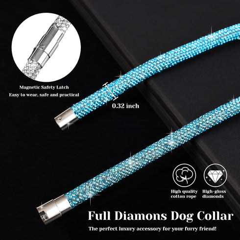 Stylish and Luxurious Diamond Dog Collar,Magnetically Absorbent Clasp,Full Diamond Design,Perfect for Wedding and Everyday Walking - Blue Diamons Necklace Collar for Medium dogs,16''