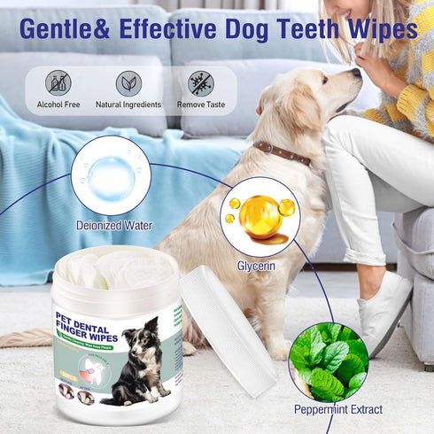 Pet Teeth Cleaning Finger Wipes for Dogs & Cats, No-Rinse Disposable Gentle Cleaning Wipes for Plaque and Tartar, 50