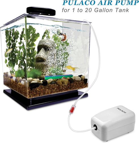 PULACO Ultra Quiet Mini Aquarium Air Pump for 1-20 Gallon Fish Tank with Air Tube, Bubbler Stone & Check Valve