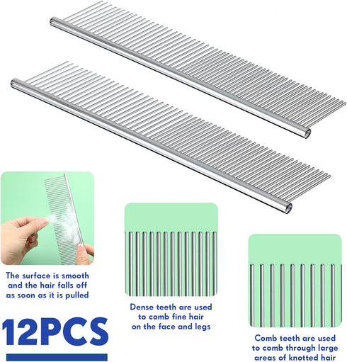 12 Pcs Metal Dog Comb Bulk Grooming Tool for Removing Knots, Long and Short Haired Dogs and Cats, 7.48 Inch