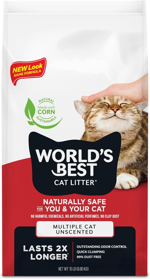 World's Best Cat Litter, 15-lbs, Multiple Cat Unscented, Natural Corn, Quick Clumping, Flushable, 99% Dust-Free,