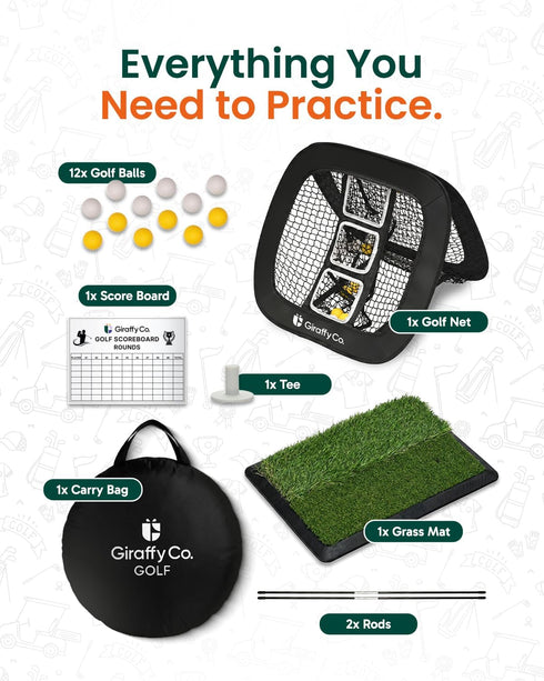 Giraffy Co. Set 3-Target Golf Chipping Net with Mat & Practice Balls - Pop-Up Chipping Net, Scoring Board, Tee & Carry