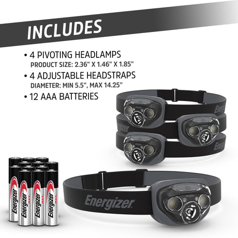 PRO-260 (4-Pack), IPX4 Energizer LED Headlamp Water Resistant Headlamps, High-Performance Head Light for Outdoors