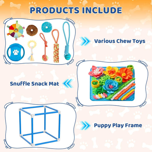 8 (Blue,19.6 19.6 19.6 inch) Puppy Play Gym with Snuffle Mat & Hanging Toys Indoor Play Gym Interactive Dog Toys
