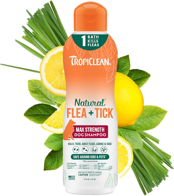 TropiClean Max Strength Flea and Tick Shampoo Treatment for Dogs, Powerful &