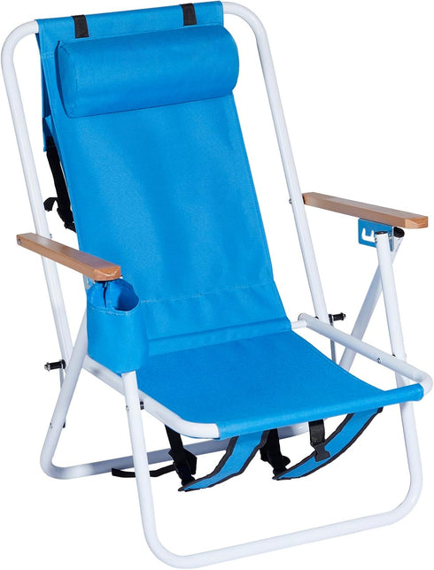 Generic Backpack 4 Folding Beach Chair, Position Portable Camping Chair with Headrest Cup Holder and Wooden Armrests