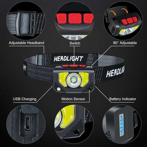 LED Rechargeable Headlamp, 4 Pack Flashlight with Motion Sensor for Outdoor Camping, Biking, Running