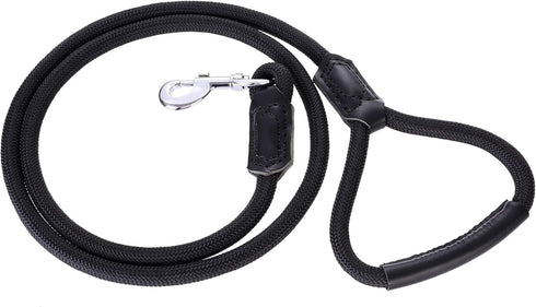 Mile High Life Premium Leather Dog Leash, Strong Rope Leash, Leather Handle, Zinc Alloy Clasp, 72 Inch (Black, Pack of