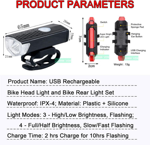 Rechargeable Bike Lights Set, Ultra Bright Bicycle Rear Lights for Night Riding, Waterproof 4 Modes