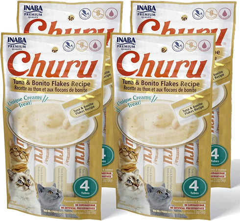 INABA Churu Cat Treats, Grain-Free Lickable Creamy Purée with Taurine & Vitamin E, Tuna with Bonito Flakes, 0.5 Ounces