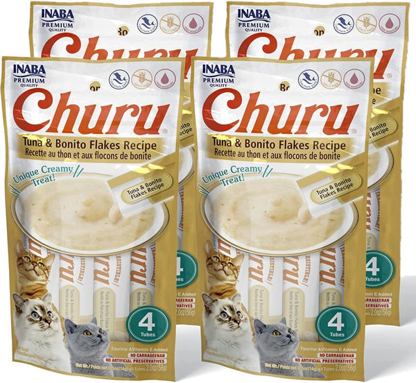 INABA Churu Cat Treats, Grain-Free Lickable Creamy Purée with Taurine & Vitamin E, Tuna with Bonito Flakes, 0.5 Ounces
