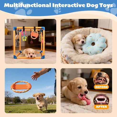 Wovelli 10 19.5" Puppy Play Gym with Hanging Toys, PVC Removable Dog Enrichment Playground, Interactive Indoor Training