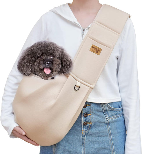 Dog Sling Carrier, Adjustable Strap, Soft Cotton Dog Carrier Bag with Pocket for Travel Outdoor (Beige)